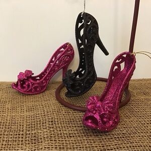 Set of 3 World Market sparkle stiletto heel ornaments.